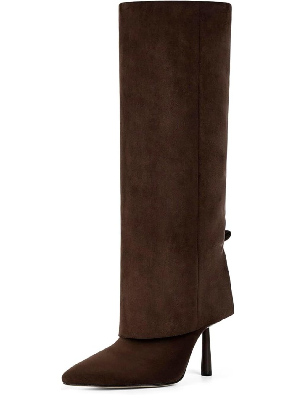 Women's Chocolate Faux Suede Pointed Toe Stiletto Heel Fold Over Knee High Boot